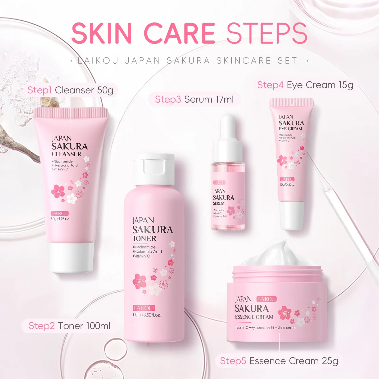 Kit LAIKOU Sakura 5pz - Routine Giapponese Detersione & Idratazione Completa