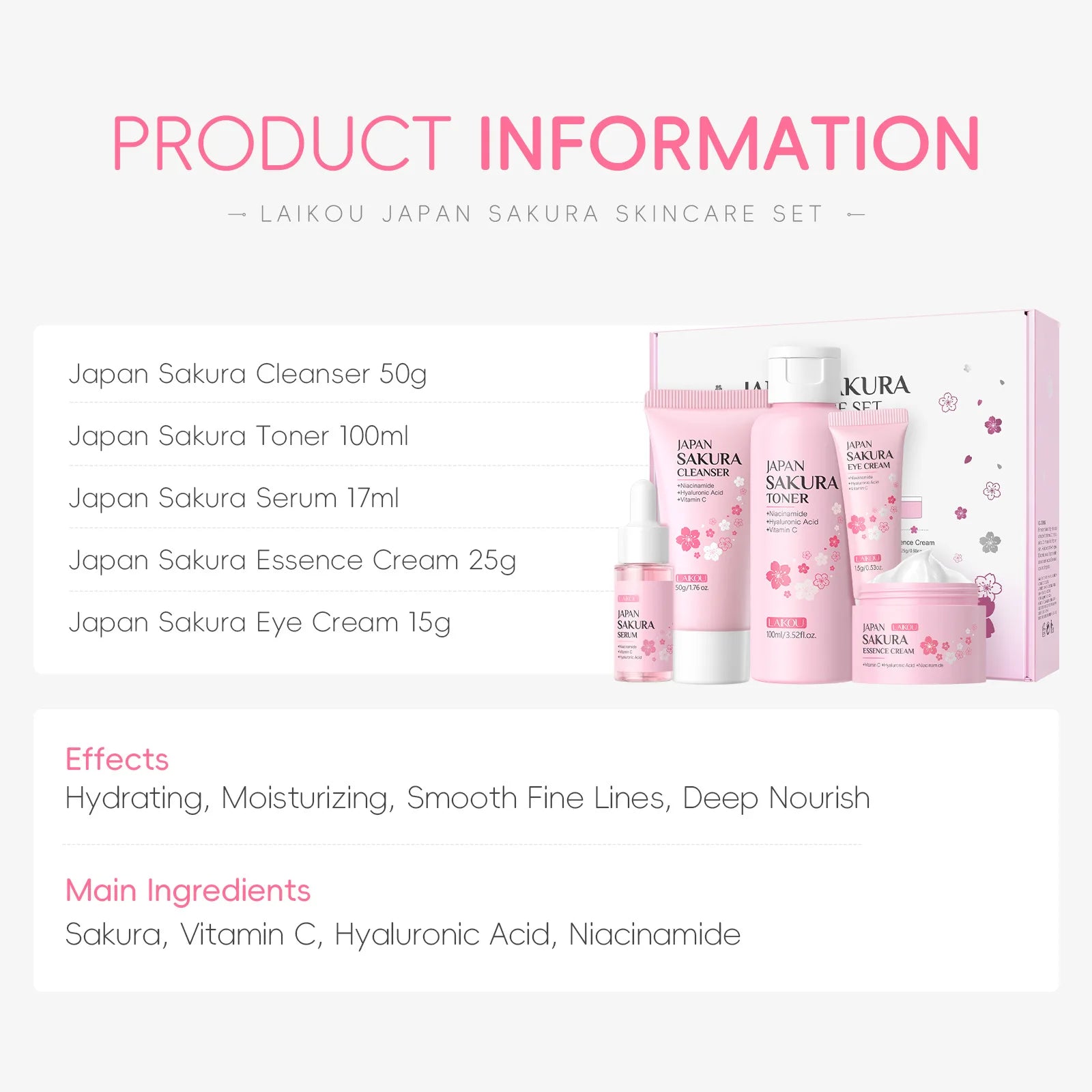 Kit LAIKOU Sakura 5pz - Routine Giapponese Detersione & Idratazione Completa